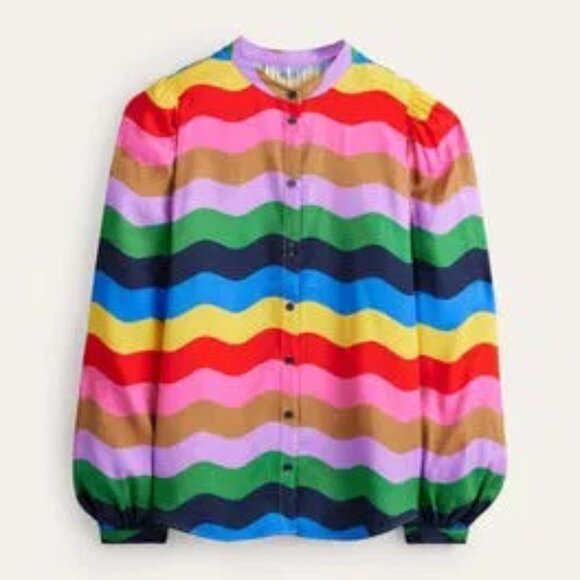 Boden Blouson Sleeve Blouse in Multicolor Rainbow Wave Colorful Loud Pride 2 - Picture 1 of 15